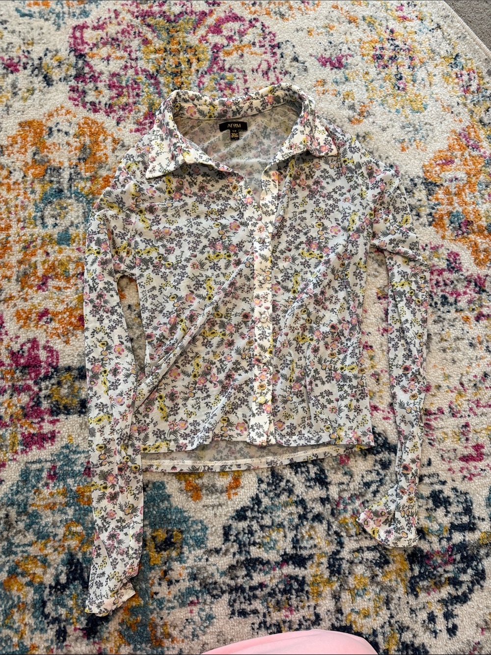 AFRM like new Floral Sheer Button-Up Blouse - Pink/Yellow/Gray